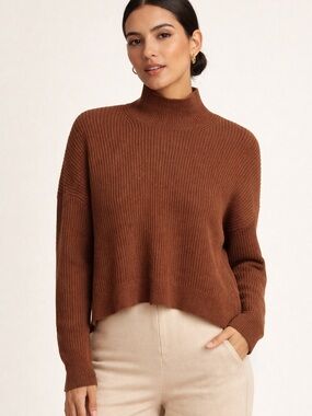 J.Crew Brown Ribbed Mock Neck Sweater Cropped Pullover Size M Cozy